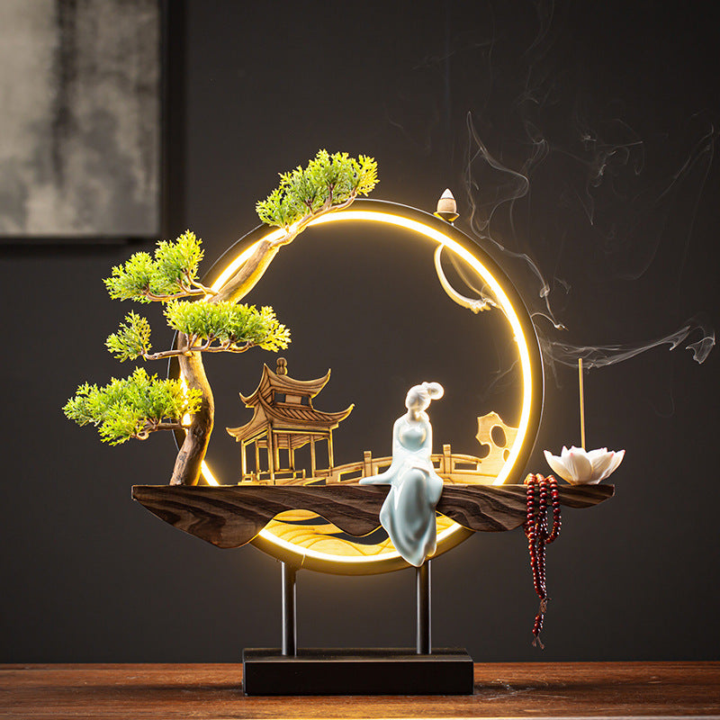 Zensoullab New Chinese Style LED Lamp Ring Creative Backflow Incense Burner Zen Ornament Home Living Room Hallway Decoration Incense Burner Furnishings