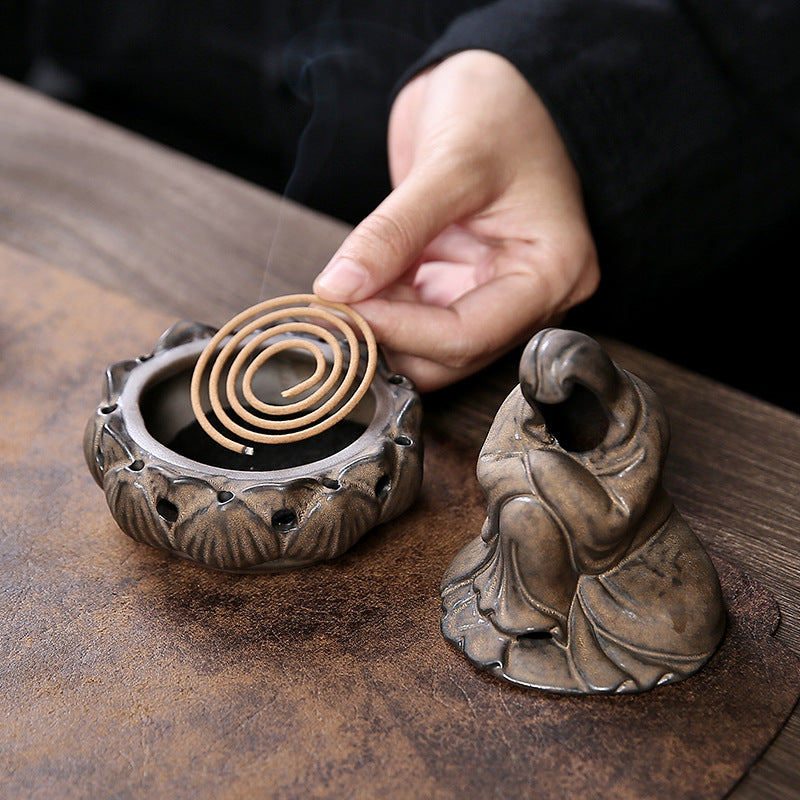 zensoullab Ceramic Zen Unfettered Buddha Incense Burner Home Indoor Antique Creative Coil Incense Burner Sandalwood Agarwood Craft Ornament