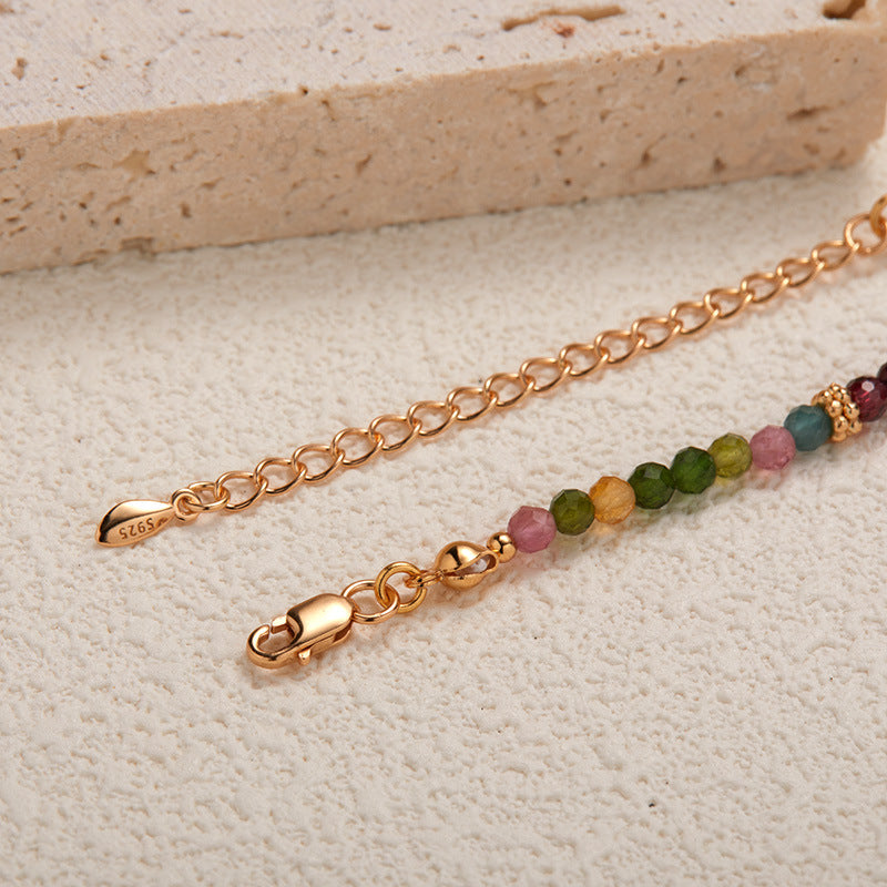 zensoullab S925 Sterling Silver Natural Tourmaline Garnet Gemstone Necklace for Women French Niche Style Handmade Beaded Collarbone Chain