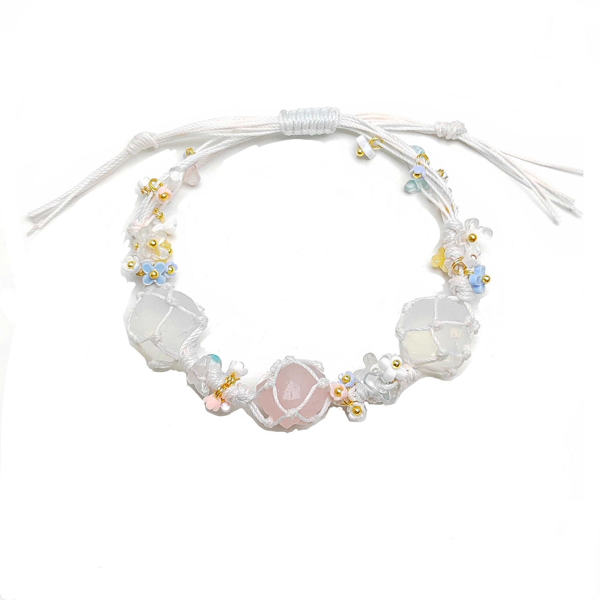 zensoullab Spring Season Pink Crystal Original Flower Wreath Bracelet Collection Pure Handmade Woven Net Pocket Bracelet