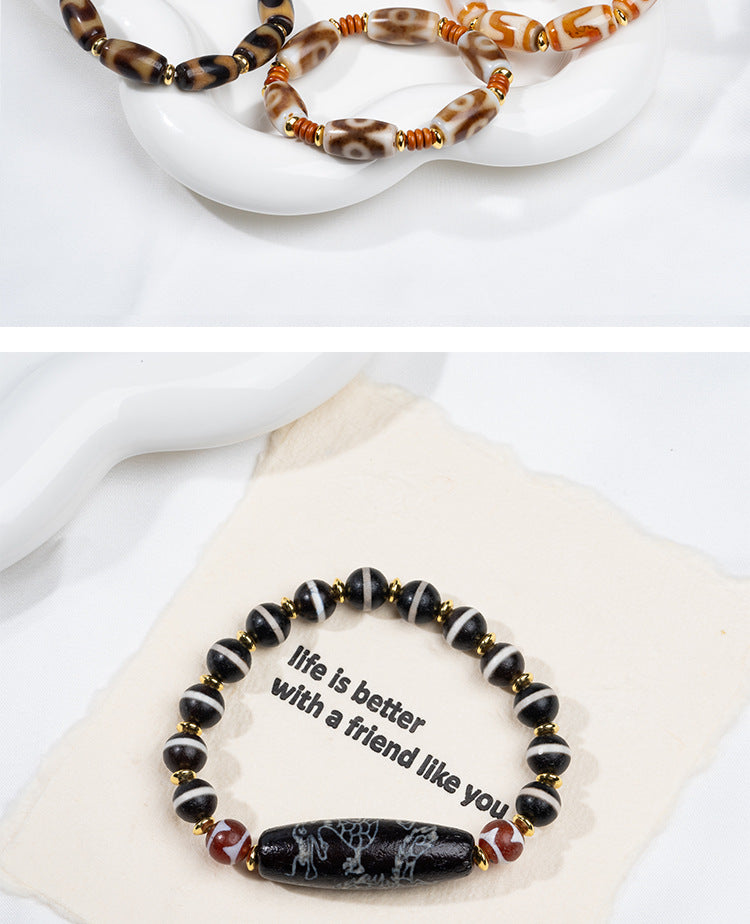 zensoullab Natural Three-Eyed Dzi Bead Agate Bracelet Fashion Versatile Unisex Couple Style Tiger Tooth Single Circle Bracelet In Stock