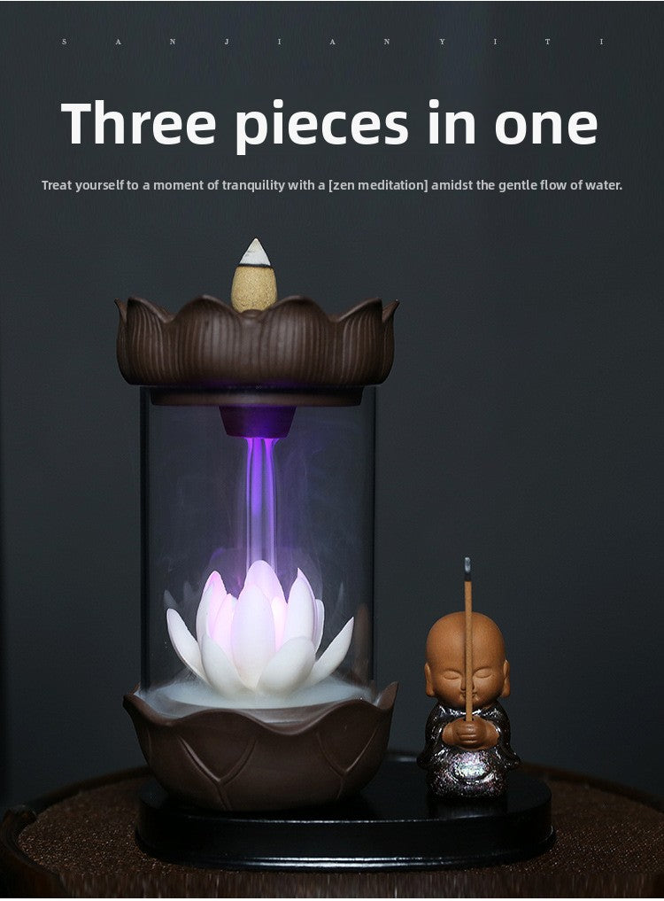 zensoullab Jingchen Special Windproof Cover Little Monk White Lotus LED Light Backflow Incense Burner Home Decor Ornament Original