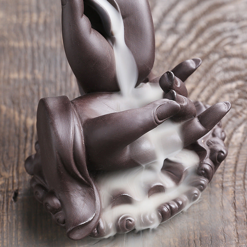 Purple Clay Backflow Incense Burner Indoor Home Incense Burner Creative Large Buddha Hand Backflow Aromatherapy Burner Gift Ornament