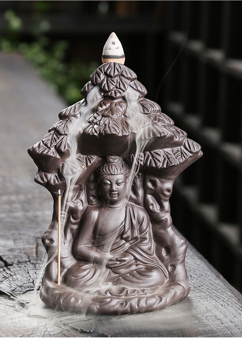 zensoullab Purple Clay Backflow Incense Burner Creative Bodhi Tree Buddha Backflow Incense Burner Home Decor Craft Ornament