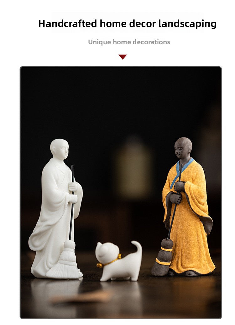 zensoullab Creative Ceramic Figure Sweeping Monk Zen Little Monk Ornament Home Living Room Curio Shelf Tea Room Bonsai Decoration