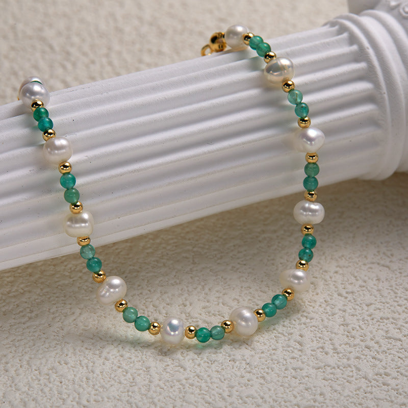 Zensoullab925 Sterling Silver Natural Pearl Green Chalcedony Colored Gems Necklace Women's High-Grade Sweet Personality Handmade Beaded