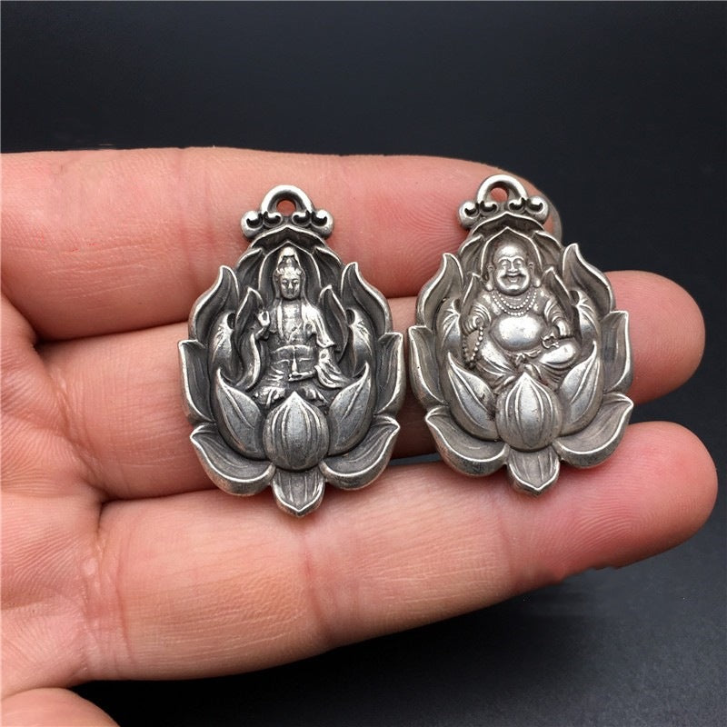 zensoullab Tibetan Silver Lotus Guanyin Buddha Pendant Keychain Car Key Holder Protective Buddha Pendant Vintage Craft