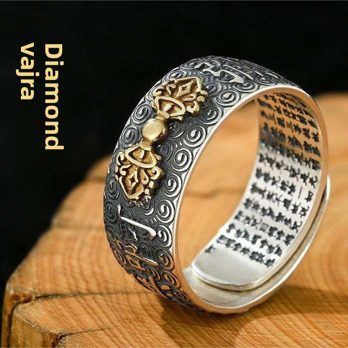 zensoullab Vintage Eight Guardian Deities Ring for Men Heart Sutra Zodiac Year Open Ring Imitation Thai Silver Six-Word Mantra Men's Ring