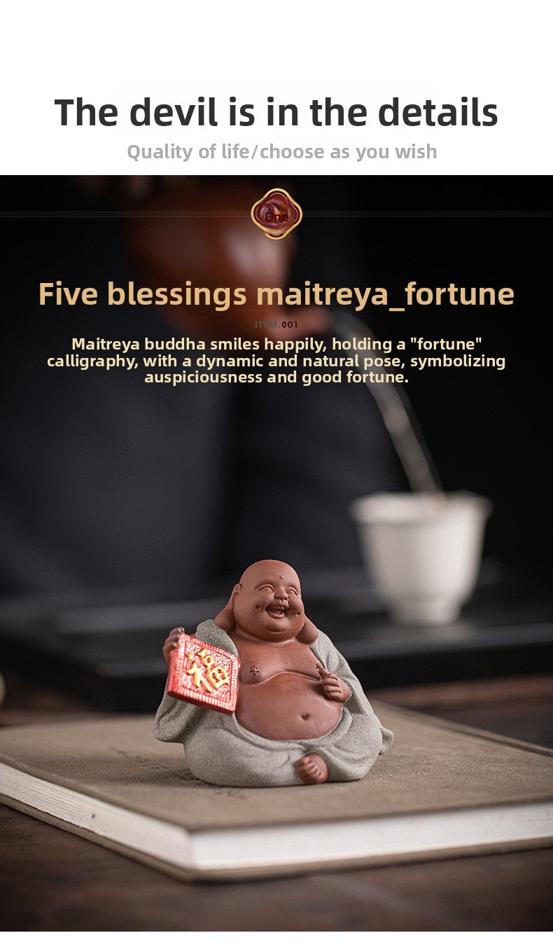 zensoullab Zen Style Chinese Five Blessings Maitreya Fortune Prosperity Longevity Happiness Wealth Smiling Buddha Desktop Small Ornament Creative Home Tea Room Tea Pet