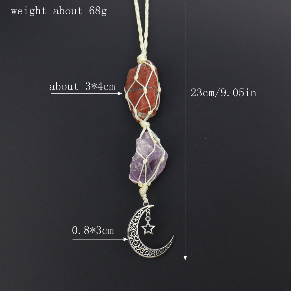 zensoullab Handmade Woven Raw Stone Crystal Pendant Star Moon Net Bag Car Hanging Amethyst Ornament