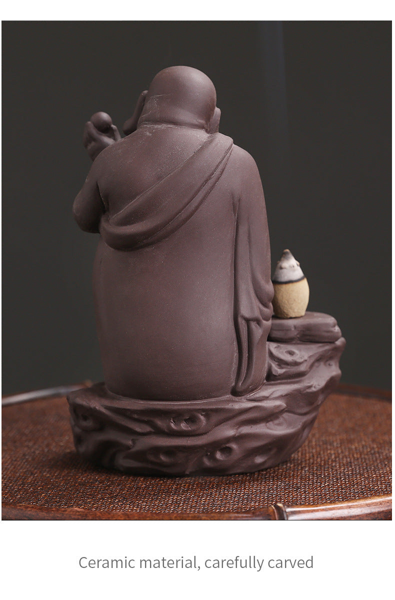 zensoullab New Purple Clay High Mountain Water Flow Backflow Waterfall Incense Burner Creative Maitreya Buddha Sandalwood Backflow Incense Burner Ornament