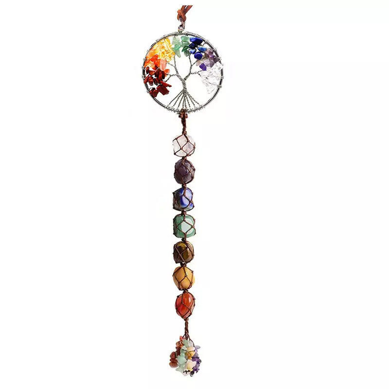 zensoullab7 Colorful Stone Seven Colors Crystal Raw Stone Hand-woven Pendant Natural Stone Tree of Life Car Hanging Dream Catcher Ornament