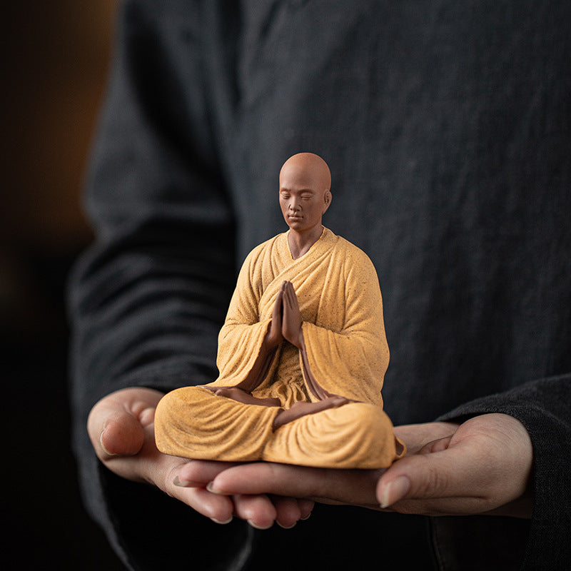 zensoullab Dust-Free Zen Little Monk Purple Clay Figurine Ceramic Figure Ancient Style Tea Room Display Stand Desktop Decoration