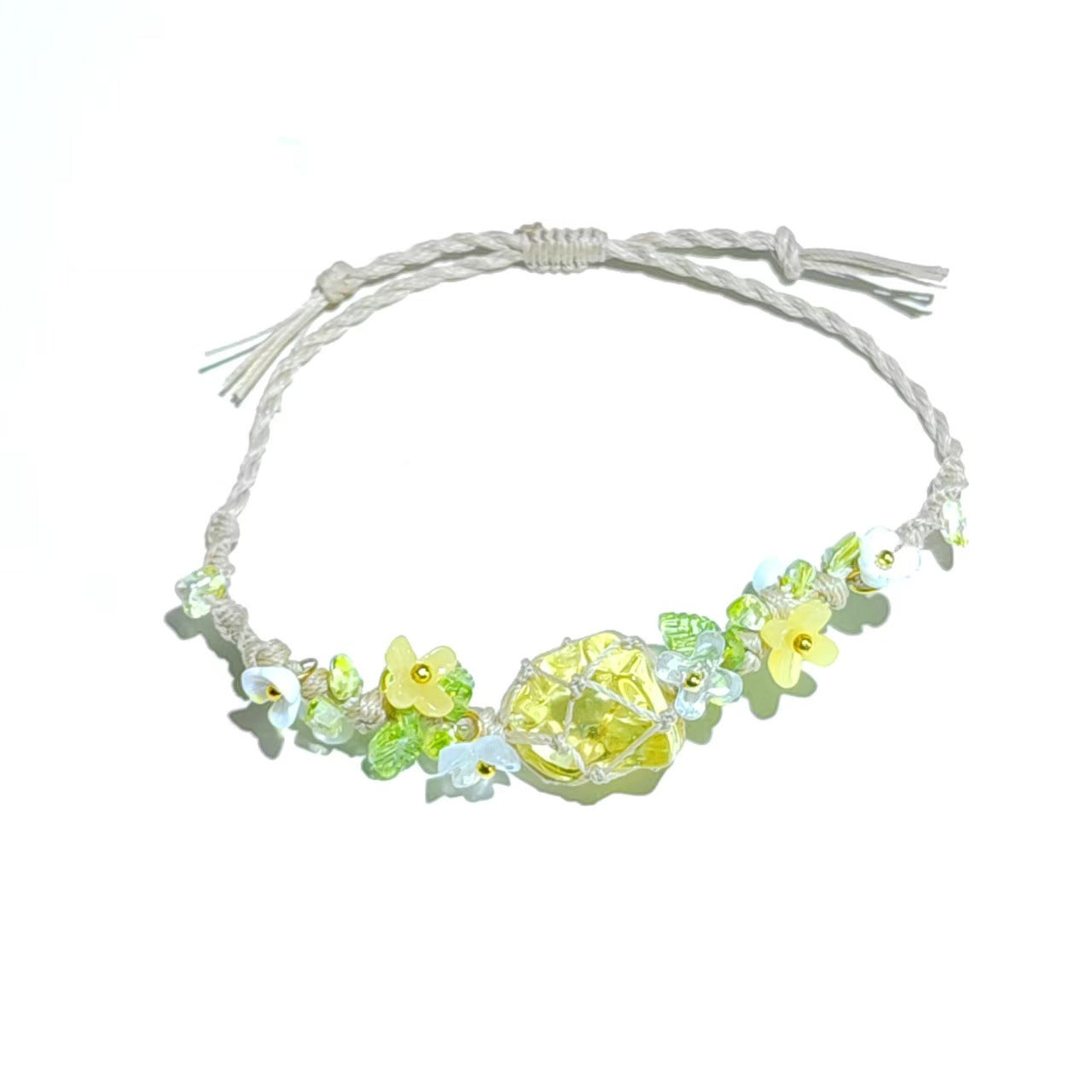 zensoullab Gardenia Blossom Soft Candy Forest Style Yellow Glass Handmade Woven Net Bag Bracelet Versatile Style Bracelet Beads Lily of the Valley