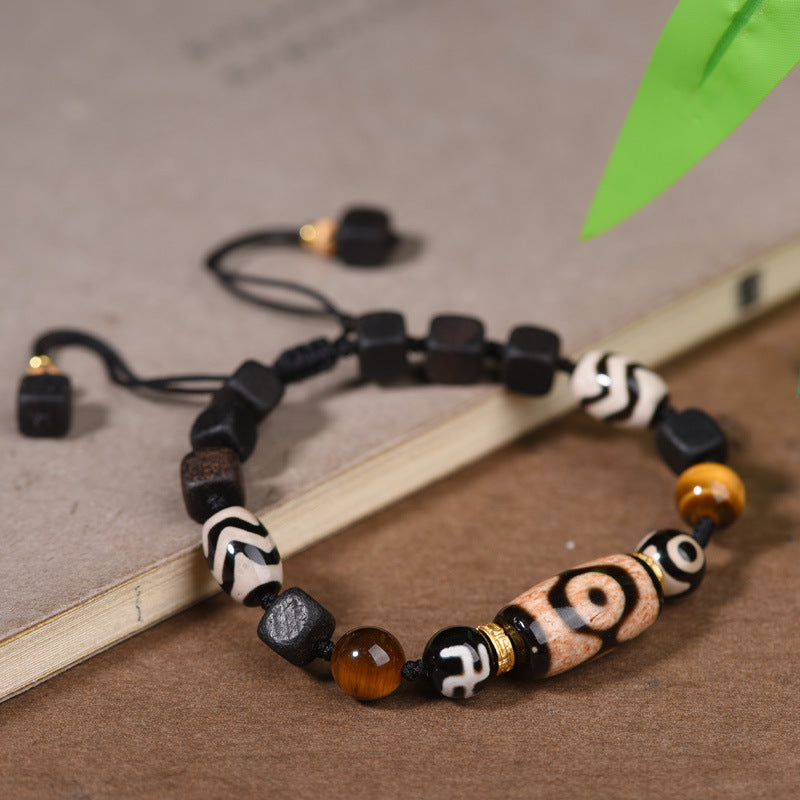 zensoullab Vintage Tibetan Style Patina Tiger Tooth Dzi Bead Agate Bracelet for Men and Women Multi-Gemstone Ethnic Style Hand String