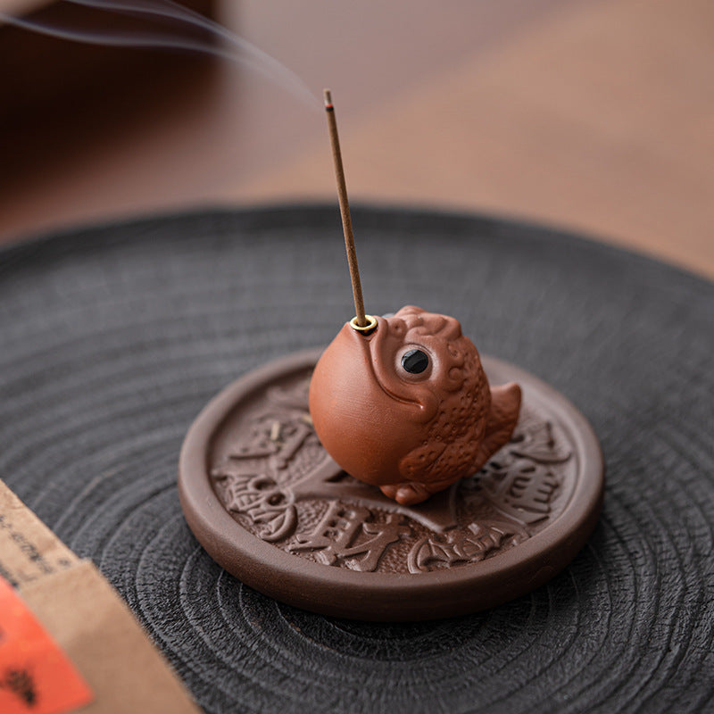 zensoullab Creative Ceramic Cute Fortune Golden Toad Purple Clay Tea Pet Ornament Aromatherapy Burner Home Indoor Incense Holder Incense Stand Incense Ceremony