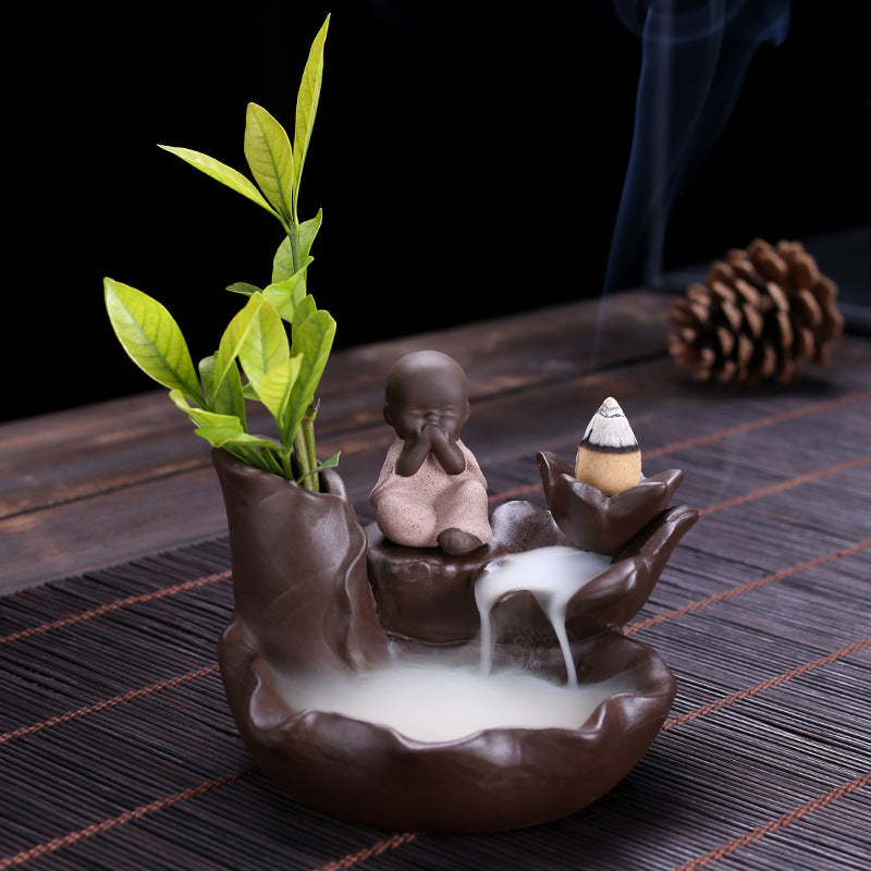 zensoullab Purple Clay Backflow Incense Burner Ceramic Creative Ornament Craft Incense Little Monk Viewing Smoke Mountain Water Flow