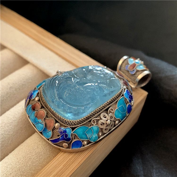 zensoullab Prosperous Year After Year Filigree Inlaid High-end Aquamarine Pendant for Women Handmade Vintage Court Style Retro Trend