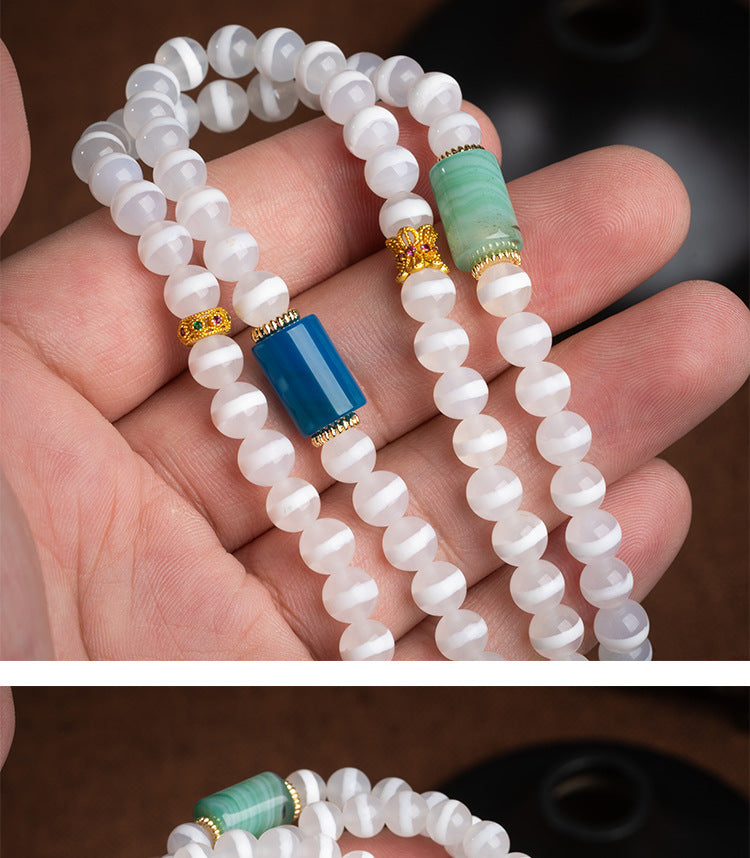 zensoullab Natural Medicine One-Eye Dzi Bead Necklace White Agate Multi-Circle Pendant Unisex Braided Necklace In Stock