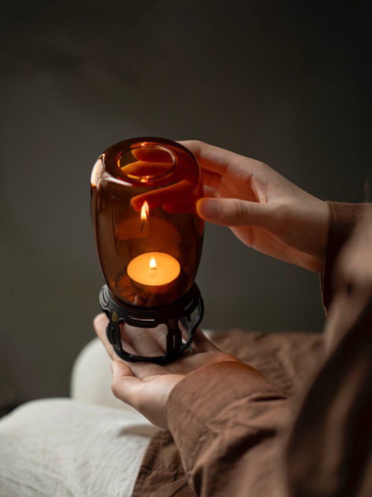 zensoullab Ancient Style Candle Lamp Bronze Base Zen Tea Room Atmosphere Lamp Glass Amber Space Decoration Ornament Candle Holder