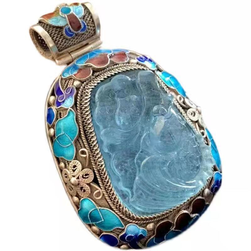 zensoullab Prosperous Year After Year Filigree Inlaid High-end Aquamarine Pendant for Women Handmade Vintage Court Style Retro Trend