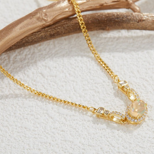 zensoullabs 925 Sterling Silver Inlaid Natural Opal Cabochon Pendant for Women Vintage Light Luxury Palace Style Necklace Accessory