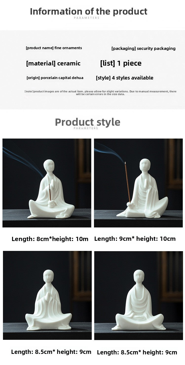 zensoullab Zen Ceramic Formless Buddha Chinese Style Living Room Tea Room Desktop Ornament White Porcelain Little Monk Fish Tank Bonsai Decoration Figurine