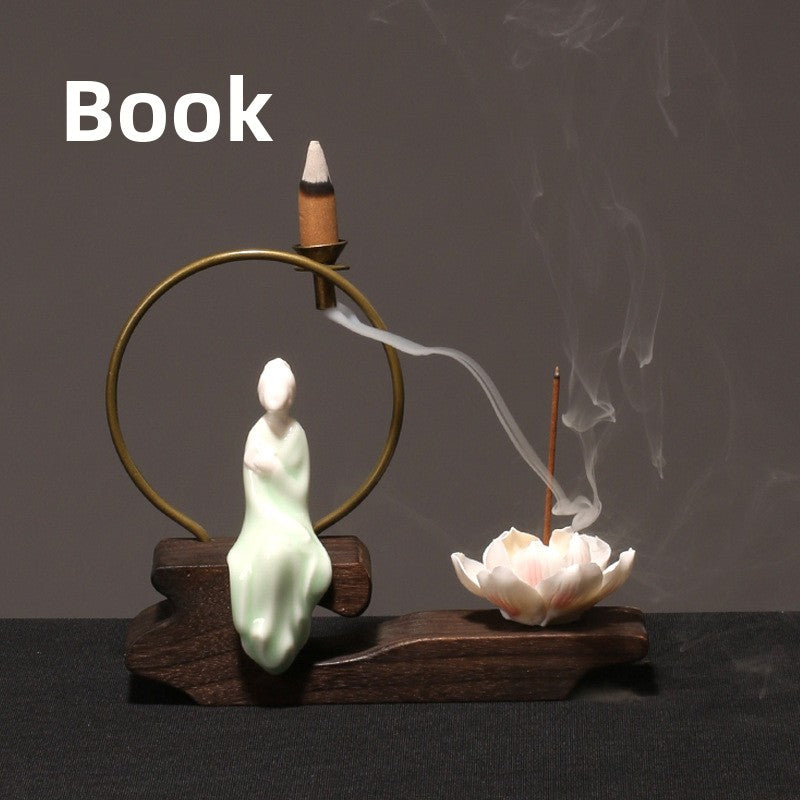 zensoullab Creative Chinese Ceramic Ornament Phaseless Buddha Statue Home Backflow Incense Burner Sandalwood Aromatherapy Burner Incense Holder Incense Device Wooden Incense Stand