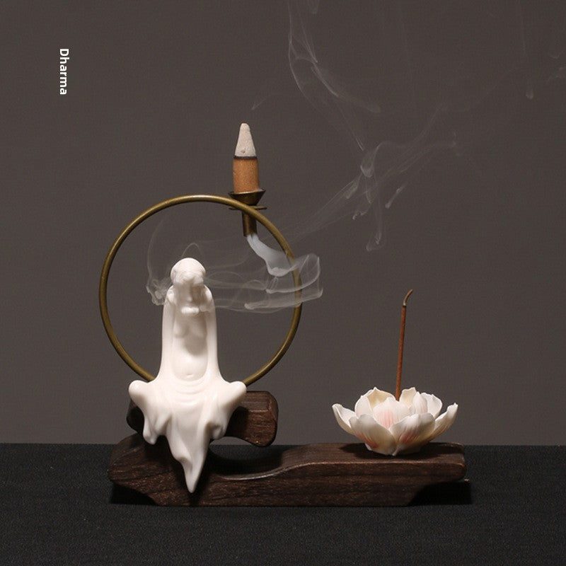 zensoullab Creative Chinese Ceramic Ornament Phaseless Buddha Statue Home Backflow Incense Burner Sandalwood Aromatherapy Burner Incense Holder Incense Device Wooden Incense Stand