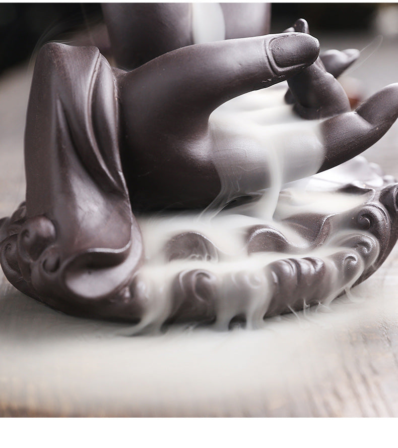 Purple Clay Backflow Incense Burner Indoor Home Incense Burner Creative Large Buddha Hand Backflow Aromatherapy Burner Gift Ornament