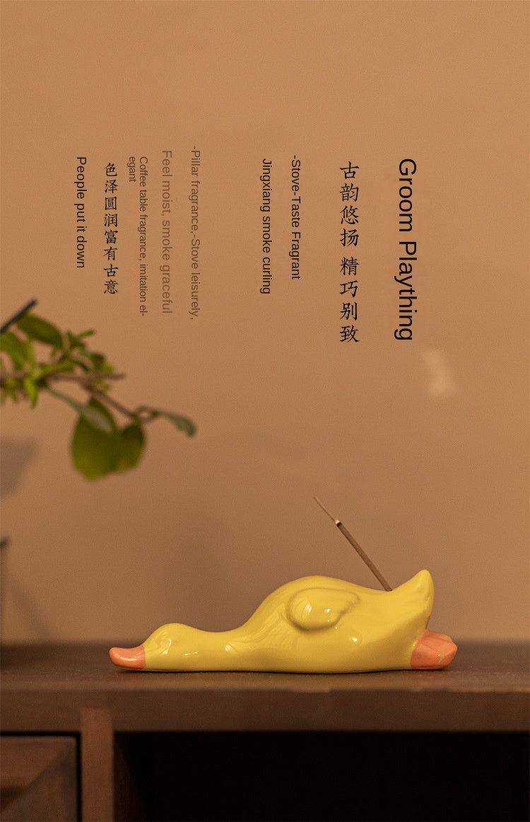 Zensoullab Creative Cartoon Little Duck Ceramic Decoration Soft and Adorable Cure Tea Ornaments Pen Holder Home Indoor Sandalwood Incense Stick Holder Incense Ceremony