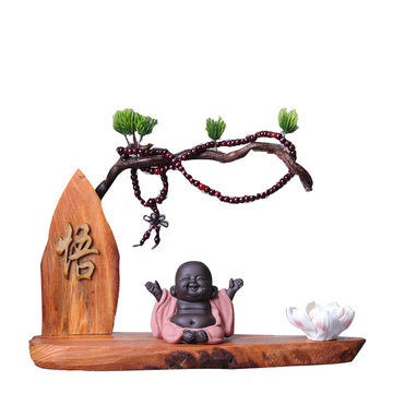 zensoullab Creative Chinese Style Welcoming Pine Root Carving Living Room Club TV Cabinet Zen Little Monk Ornament Maitreya Buddha Home Decor