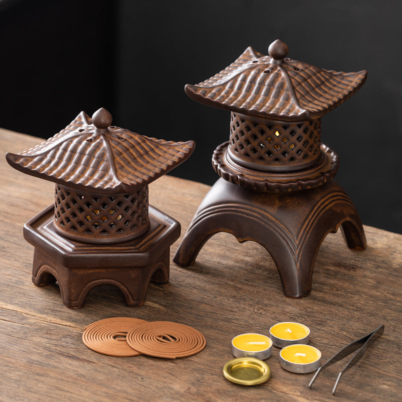 zensoullab Incense Burner Ceramic Purple Clay Hollow Han Yun Palace Lantern Candle Incense Essential Oil Burner Incense Stick Agarwood Multifunctional Ornament
