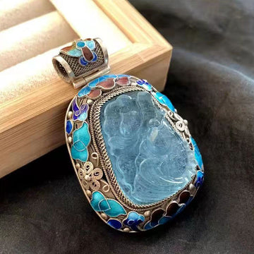 zensoullab Prosperous Year After Year Filigree Inlaid High-end Aquamarine Pendant for Women Handmade Vintage Court Style Retro Trend