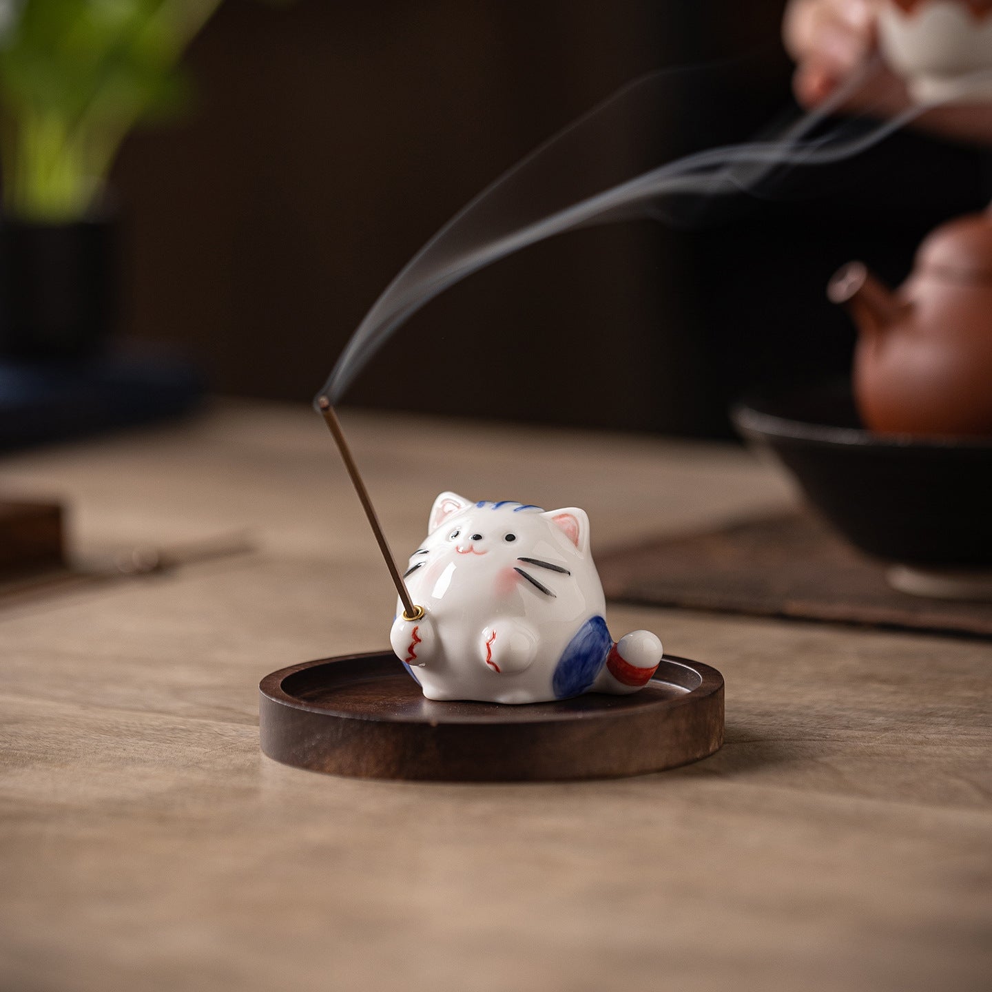 zensoullab Creative Ceramic Cute Little Cat Incense Holder Base Incense Tray Tea Room Tea Table Small Incense Burner Ornament Incense Burner