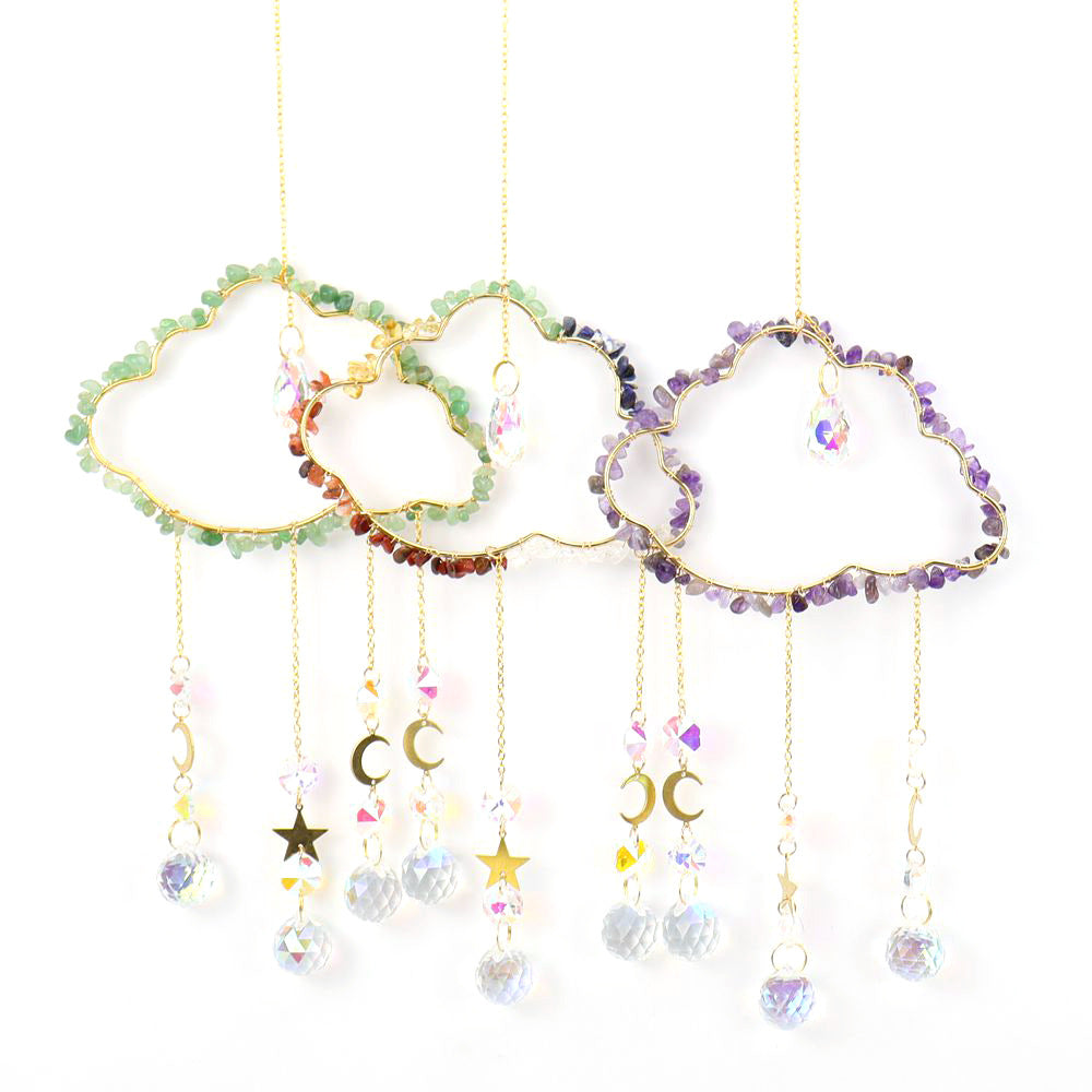 zensoullab Handmade Wire Wrapped Natural Crystal Crushed Stone Cloud Sun Catcher Hanging Ornament Wind Chime Decoration Pendant