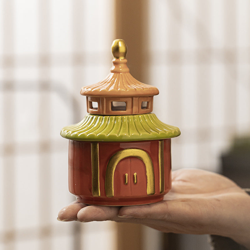 zensoullab Creative New Chinese Style Ceramic Temple of Heaven Small Incense Burner Aromatherapy Burner Ornament for Home Indoor Sandalwood Coil Incense Holder Incense Tray