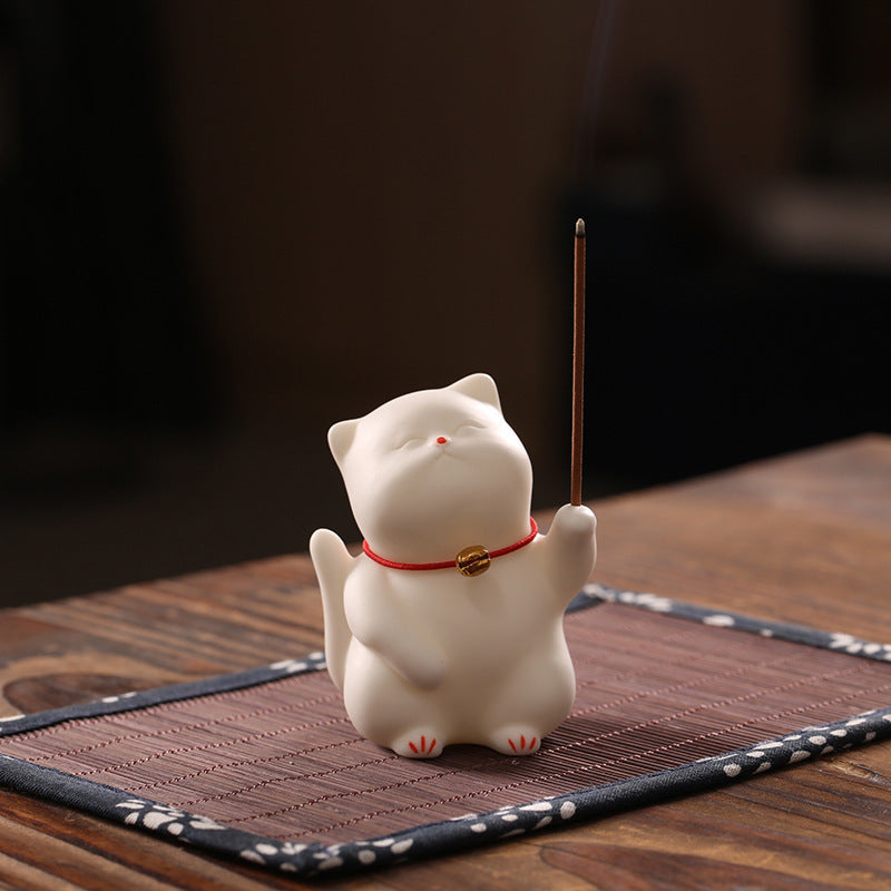 Zensoullab Creative Cute Lucky Cat Ceramic Decoration Cute Cat Tea Ornaments Pen Holder Home Indoor Sandalwood Incense Stick Holder Incense Ceremony Incense Holder