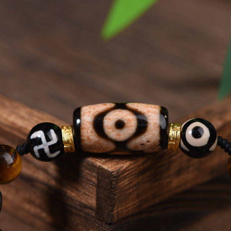 zensoullab Vintage Tibetan Style Patina Tiger Tooth Dzi Bead Agate Bracelet for Men and Women Multi-Gemstone Ethnic Style Hand String