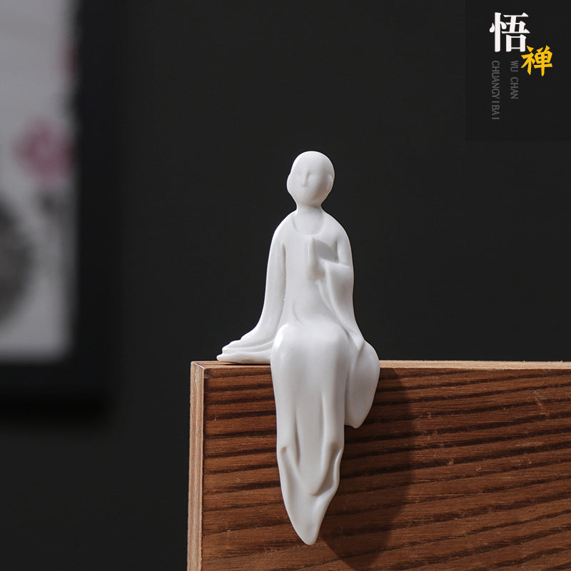 zensoullab Zen White Porcelain Figure Chinese Style Little Monk Tea Ceremony Accessories Ceramic Formless Buddha Bonsai Fish Tank Decoration Home Ornament