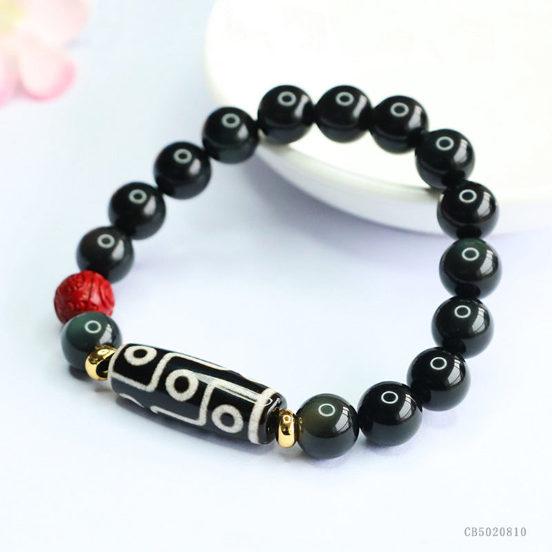 zensoullab Natural Obsidian Bracelet Nine-Eyed Dzi Bead Agate Bracelet Tibetan Style Jewelry