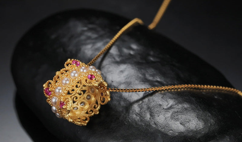 zensoullab S925 Sterling Silver Ancient Gold Necklace for Women Vintage Hollow National Trend Versatile Elegant Pendant Jewelry