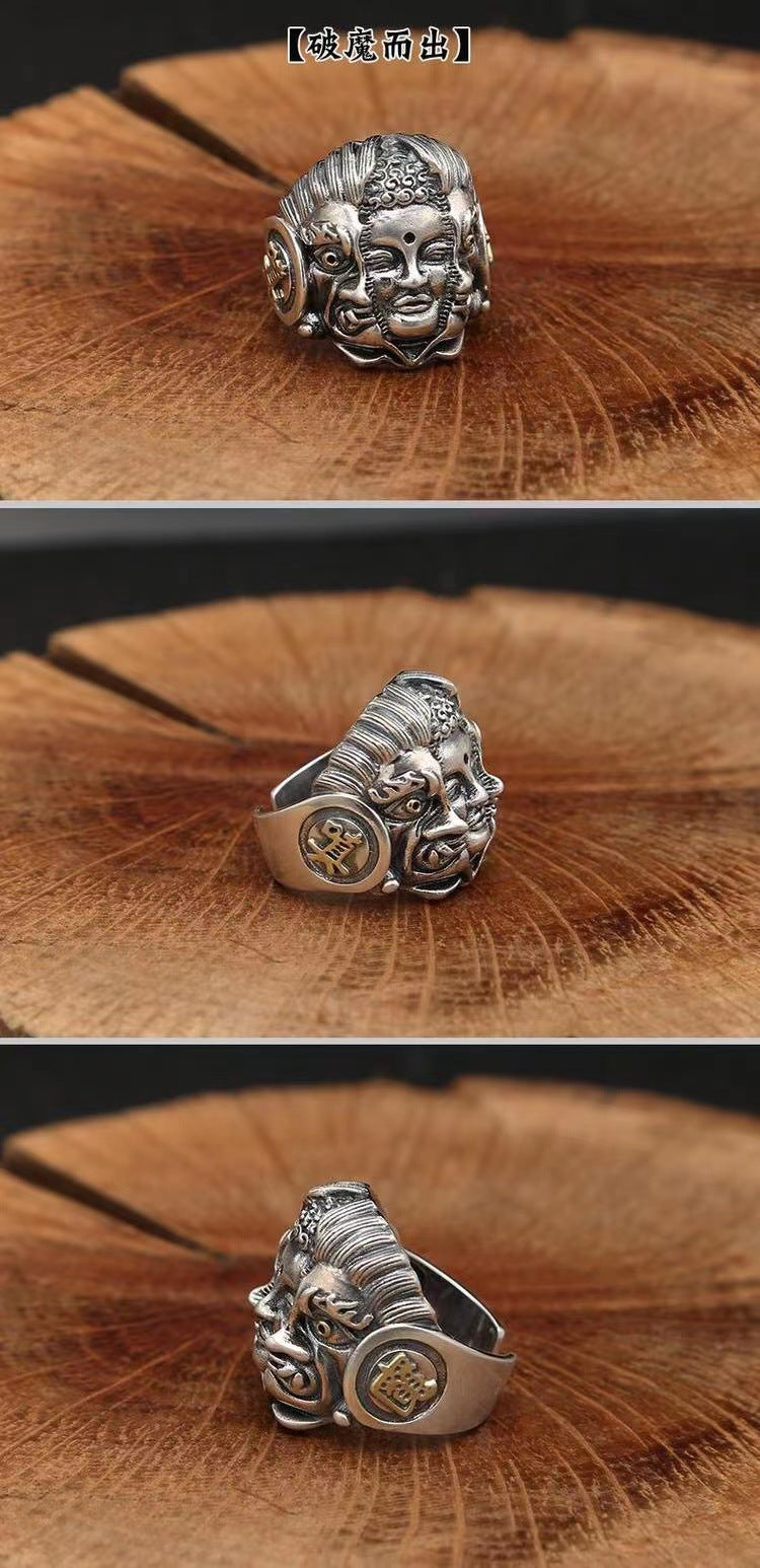 Zensoullab Men's Domineering Buddha Magic a Flash of Thought Buddha Magic Open Ring Vintage Thai Silver Niche Punk Ring