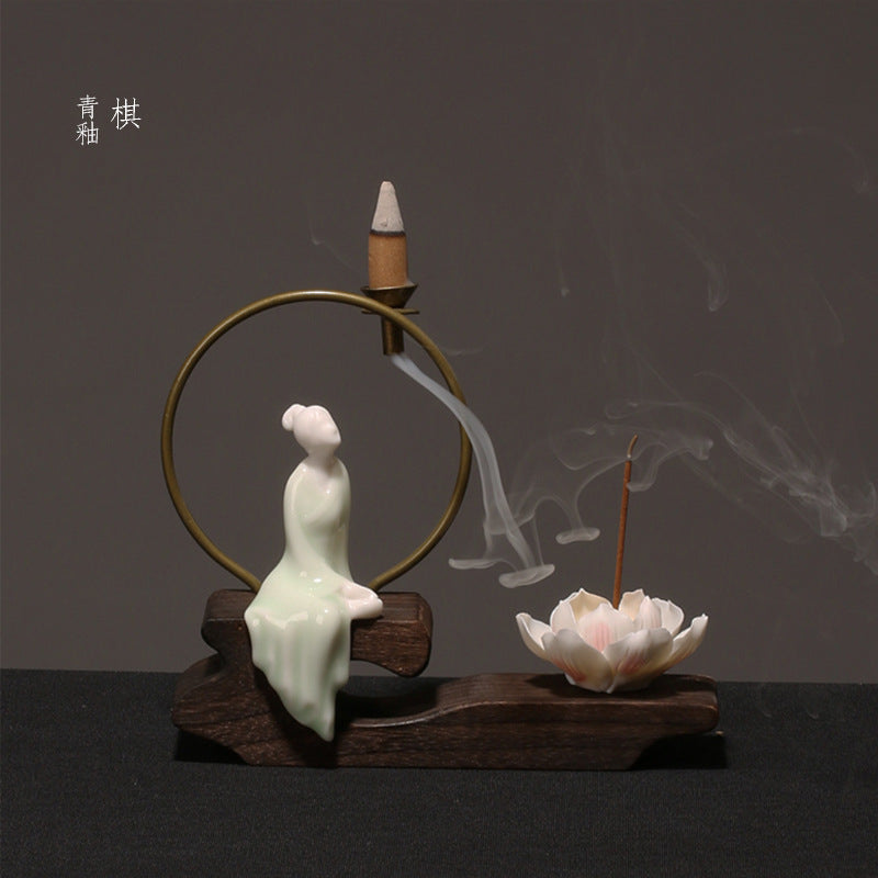 zensoullab Creative Chinese Ceramic Ornament Phaseless Buddha Statue Home Backflow Incense Burner Sandalwood Aromatherapy Burner Incense Holder Incense Device Wooden Incense Stand