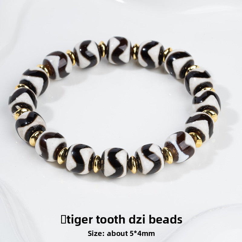 zensoullab Natural Three-Eyed Dzi Bead Agate Bracelet Fashion Versatile Unisex Couple Style Tiger Tooth Single Circle Bracelet In Stock