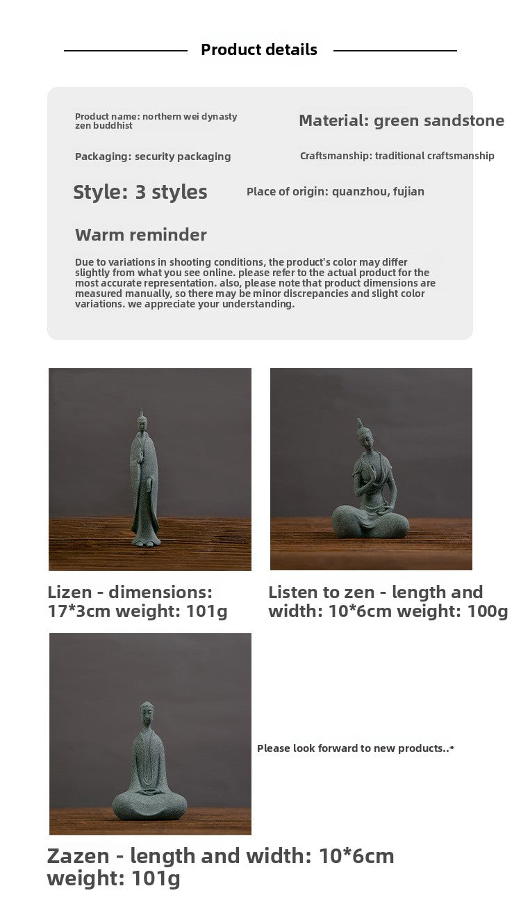 zensoullab Green Sandstone Northern Wei Dynasty Three Saints Buddha Statue Zen Carving Craftwork Tathagata Buddha Shakyamuni Desktop Tea Ceremony Ornament