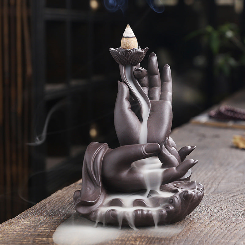 Purple Clay Backflow Incense Burner Indoor Home Incense Burner Creative Large Buddha Hand Backflow Aromatherapy Burner Gift Ornament
