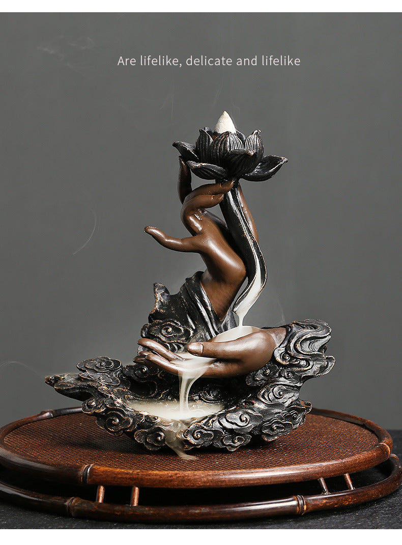 Resin Backflow Incense Burner Ornament Creative Lotus Zen Buddha Hand Backflow Incense Home Craft Decoration