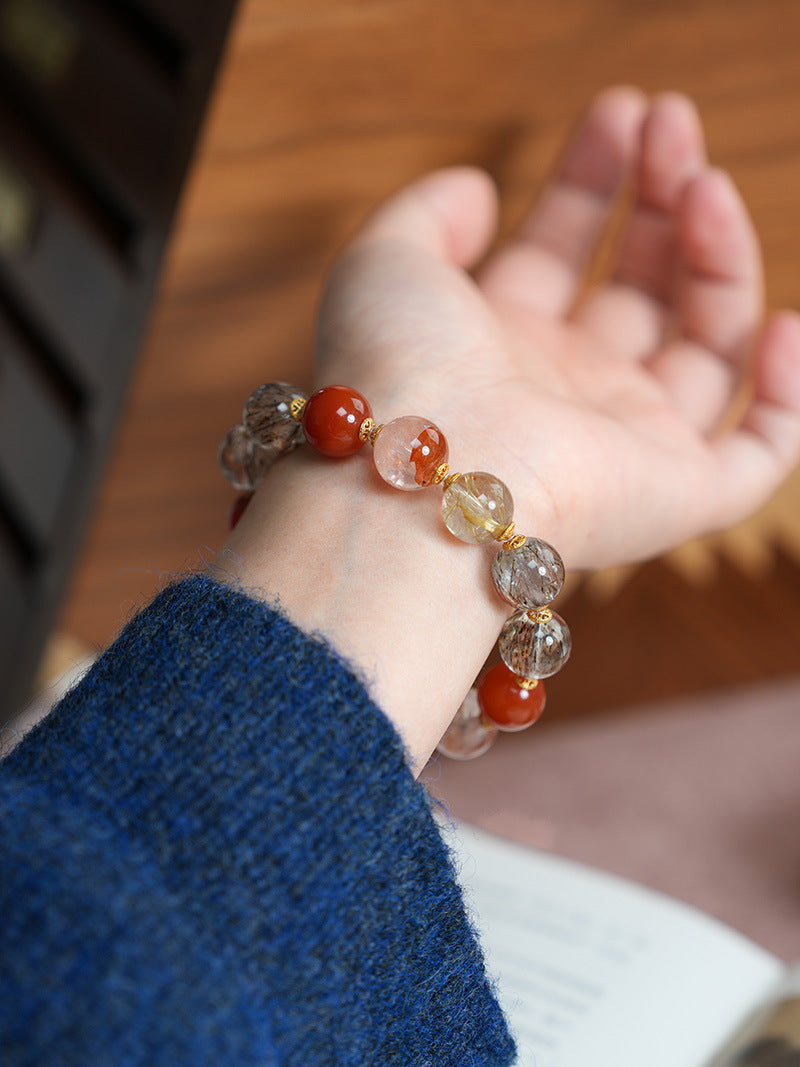 zensoullab Natural Black Gold Super Seven Crystal Bracelet for Women Red Glue Flower Gold Rutilated Quartz Full Flesh Southern Red Multi-Gemstone Bracelet