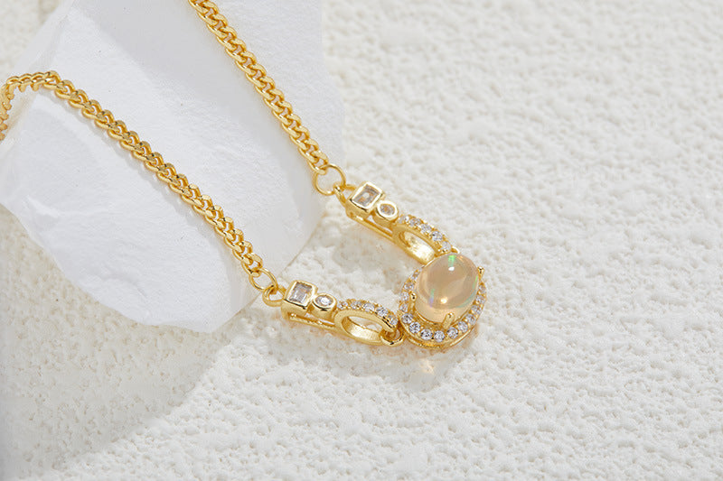 zensoullabs 925 Sterling Silver Inlaid Natural Opal Cabochon Pendant for Women Vintage Light Luxury Palace Style Necklace Accessory